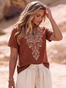 SHEIN LUNE CURVE Plus Size Floral Embroidered Casual Boho Vacation Shirt Vacation Red Summer - Orange - View 7