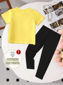 Baby Girl Fresh Cute Cartoon Bee Embroidery Pattern Basic Short T-Shirt & Leggings Set, Comfortable Daily Wear, Little Bee Insect Kawaii Yellow T-Shirt Black & Yellow Classic Color Combination - Multicolor - View 2