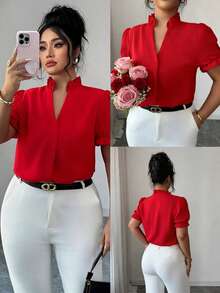 Elenzga Blusa elegante de unicolor con cuello vuelto para uso diario en tallas grandes - Rojo - Ver 1