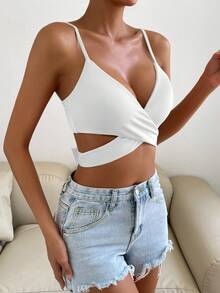 SHEIN Allurite 素色交叉吊帶上衣 - 白色 - 查看 4