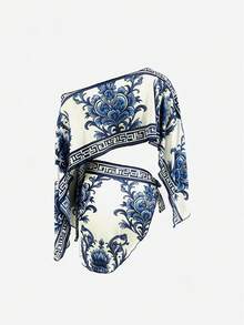 Swim Vcay 2件組黑白花卉度假風長袖女款泳裝罩衫套裝 - 藍白色 - 查看 2