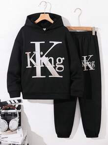 SHEIN 兒童 2 件組大童男孩休閒字母圖案簡約長袖連帽衛衣套裝，適合秋冬日常穿著、運動、外出、學校、派對、節慶、拍照 - 黑色 - 查看 5