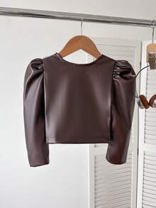 SHEIN Elladie kids 女童秋季時尚珠飾裝飾花瓣袖夾克外套 - 棕色 - 查看 2
