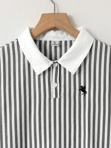 青少年女孩 Polo 領條紋刺繡圖案短袖中長洋裝，適合青少年女孩，對比色荷葉領花瓣袖印花洋裝，適合學校、戶外活動、購物，鈕扣洋裝童裝 - 黑與白 - 查看 7