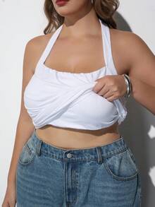 Maija Plus Size White Spaghetti Strap Round Neck Padded Bust Fitted Ruched Tank TopModern Vacation Casual Premium Cruise Wear Summer Autumn Outfit Halloween - White - View 3