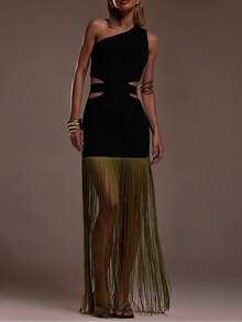 Glyssa Asymmetrical Shoulder Waistline Cutout Tassel Hem Dress, Ibiza Style, Sexy Beach Romantic Elegant Occasion Birthday Bohemian Dress - Black - View 3
