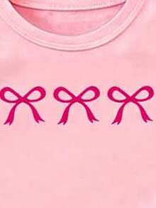 SHEIN (Patrón aleatorio, 1 pieza aleatoria) Camiseta corta básica de manga de mariposa con lazo fresco y lindo, patrón floral y a rayas, cómoda para uso diario en verano para niñas - Rosa - Ver 4