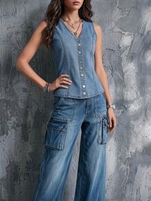 Balvessa Women's V-Neck Single-Breasted Casual Daily Denim Top - Medium Wash - View 4