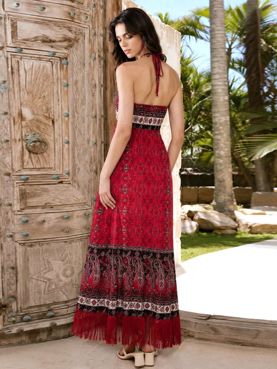 Anewsta Summer New Bohemian Boho Style Spaghetti Strap Sleeveless Dress, Cashew Flower Print Ruched Tassel Long Dress For Beach Vacation Dark Red