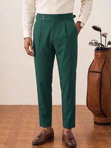 Tonviero Men's Casual Minimalist Pleated Solid Color Tapered Formal Pants, Spring/Autumn, Fall - Dark Green - View 5