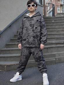 SHEIN 兒童青少年男孩休閒極簡 Y2K 嘻哈搖滾塗鴉運動風寬鬆舒適長袖衛衣，適合秋冬 - 彩色 - 查看 6