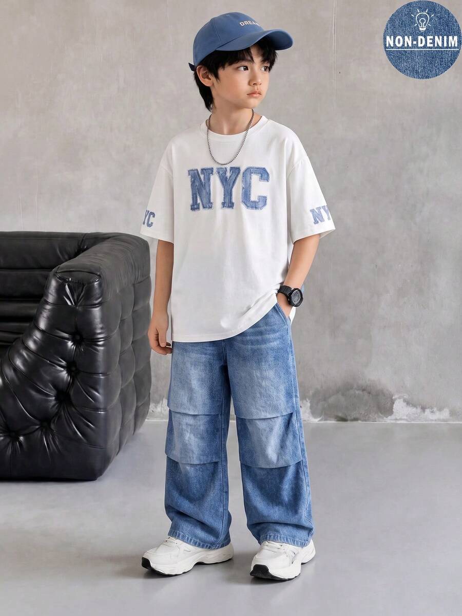 SHEIN 青少年男孩字母印花圓領短袖T恤與牛仔效果印花口袋長褲2件套 - 藍色 - 查看 1