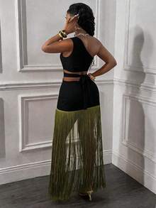 Glyssa Asymmetrical Shoulder Waistline Cutout Tassel Hem Dress, Ibiza Style, Sexy Beach Romantic Elegant Occasion Birthday Bohemian Dress - Black - View 7