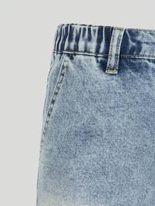 SHEIN Explorewe 女款牛仔短褲，秋季新品，休閒街頭風學院復古做舊藍灰色，彈性腰頭鈕扣門襟設計，寬鬆大腿褲管 - 中等水洗藍 - 查看 5