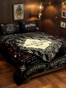 HARRY POTTER X SHEIN 3件組 The Marauder's Map 印花三件式被套組，磨毛布料製，柔軟保暖，黑色被套，多種尺寸可選，適用單人床/雙人床/加大床/特大床 - 深灰色 - 查看 3