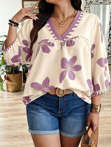 Weeklong Camisa de vacaciones casual con estampado aleatorio talla grande - Rosa vieja - Ver 4
