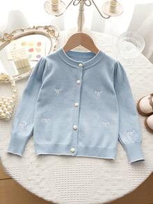 Genkimix Kids Girls' Cute Peter Pan Collar Knitted Cardigan Sweater Long Sleeve Jacket - Baby Blue - View 1
