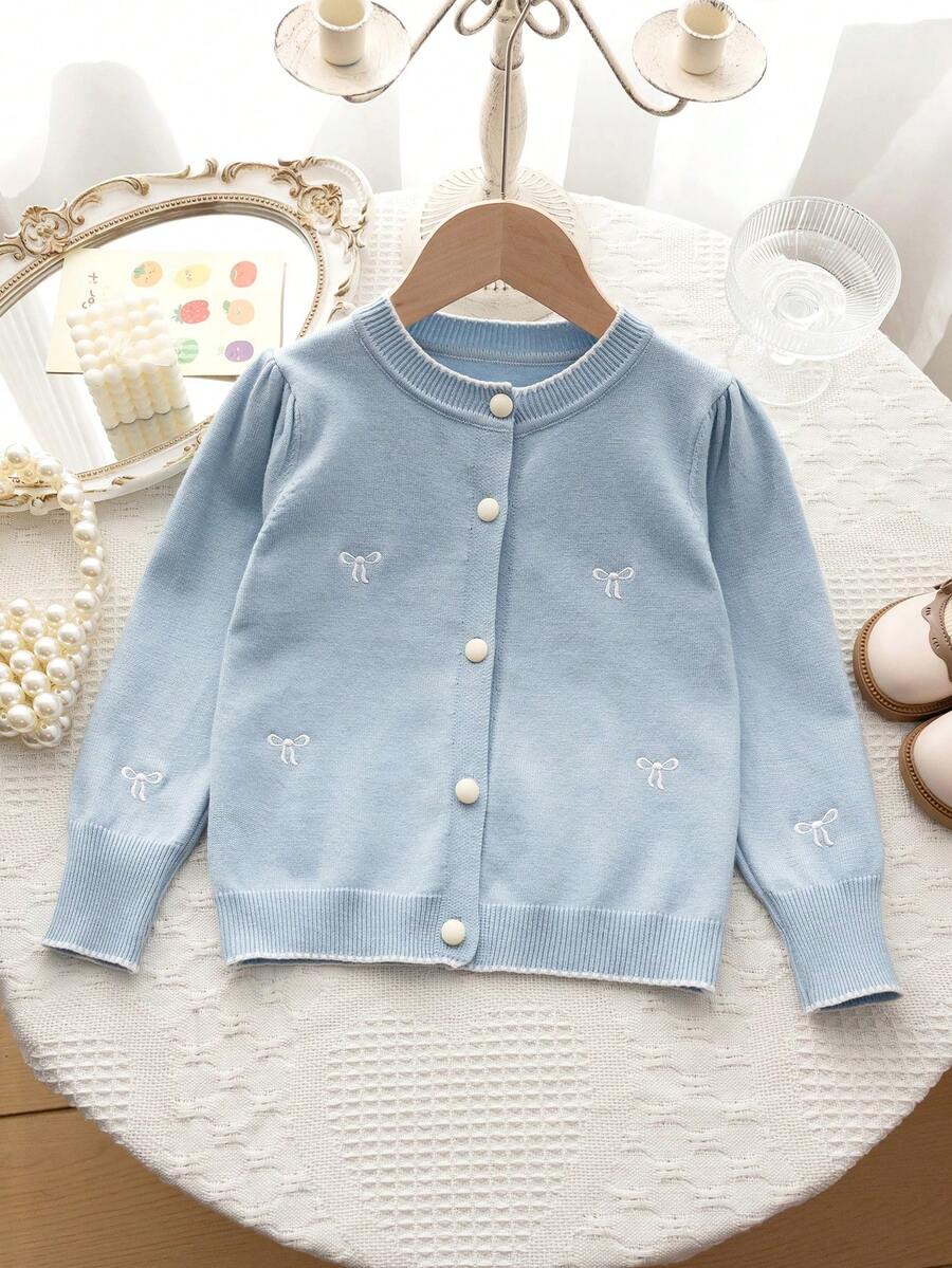 Genkimix Kids Girls' Cute Peter Pan Collar Knitted Cardigan Sweater Long Sleeve Jacket - Baby Blue - View 1