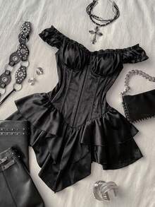 Attitoon Women's Summer Elegant Solid Color One-Shoulder Ruffle Asymmetric Hem Mini Dress - Black - View 6
