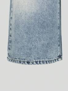 SHEIN Explorewe 女款牛仔短褲，秋季新品，休閒街頭風學院復古做舊藍灰色，彈性腰頭鈕扣門襟設計，寬鬆大腿褲管 - 中等水洗藍 - 查看 6
