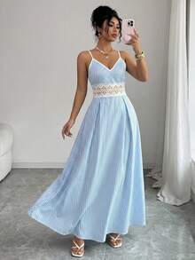 Elenzga Blue And White Stripe Pattern Spaghetti Strap V-Neck Waist Lace Decoration Dress Vacation Summer Tropical - Blue - View 5