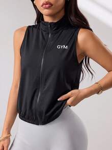 Dewbera Dewbera Áo tank top thể thao athleisure cổ đứng in chữ, màu đen trắng, cho tập gym, mùa hè - màu đen - Xem 1