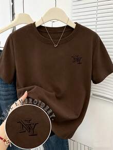 女款咖啡棕色 New York NY 字母刺繡寬鬆圓領短袖 T 恤，休閒夏季上衣，棕色休閒短袖，優雅舒適設計，休閒外出 T 恤 - 咖啡棕 - 查看 1