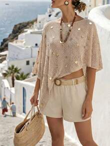 Flora Isola Flora Isola Nuovo top estivo casual ed elegante da donna, a tinta unita, con scollo rotondo piccolo, scialle, paillettes, lavorato a maglia traforata, adatto per vacanze, spiaggia, feste, appuntamenti e festival musicali - Albicocca - Visualizzare 3