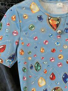 Young Girl Summer Casual Faux Denim Rhinestone Print T-Shirt - Multicolor - View 4