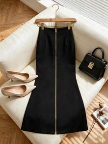 SHEIN Clasi Nueva falda de mujer de otoño, ajustada, con cremallera metálica, versátil, con abertura trasera, minimalista, elegante y de clase, para fiesta, noche y oficina, en negro y dorado - Negro - Ver 5