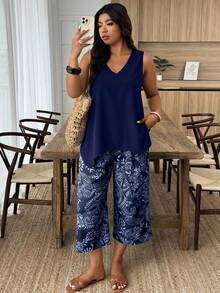 Weeklong Plus Size Women's V-Neck Irregular Hem Sleeveless Blouse And Solid Color Capri Pants 2-Piece Set, Spring/Summer - Navy Blue - View 4