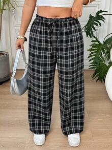 SHEIN EZwear 大尺碼女款格紋抽繩腰休閒百搭日常外出長褲 - 彩色 - 查看 5