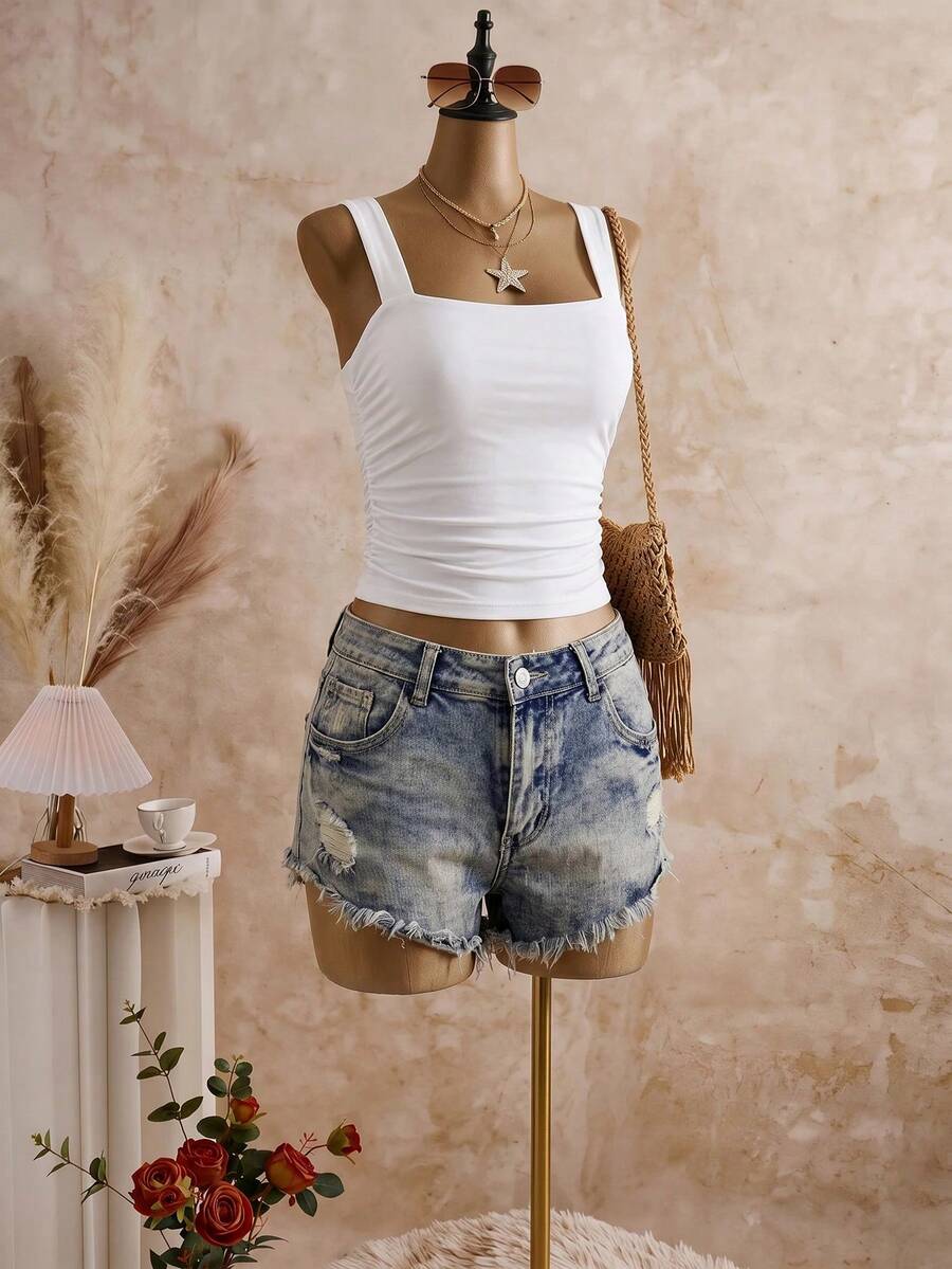 Bellisia Solid Ruched Crop Cami Top Basic Top Casual Summer White - White - View 1