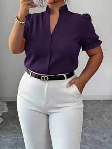 Elenzga Plus Size Elegant Commuter Solid Color Lapel Blouse - Purple - View 3