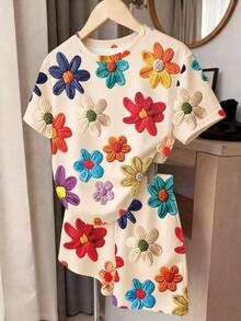 (Patrón aleatorio, 1 set aleatorio) Camiseta corta básica y shorts para niñas con patrón floral colorido, base beige y patchwork de lazos en morado y rosa - Multicolor - Ver 4
