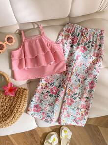 SHEIN 2件組 YOUNG 女孩粉色層次感吊帶上衣與碎花圖案寬鬆長褲，Vacayvibe 童裝 7歲生日夏季嬰童套裝 - 淡紫色 - 查看 5