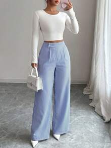 SHEIN Clasi Women's Plus Size Spring/Summer Single Style High Waist Button Front Pleated Vertical Striped Wide Leg Draped Commute Casual Pants Fall - Blue and White - View 3
