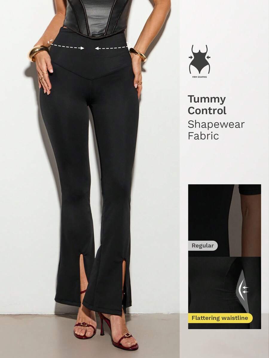 Nuvra Women's Slim Fit Elegant Solid Color Front Slit Design Pants - Black - View 1
