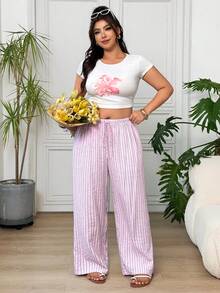 SHEIN EZwear Celana Panjang Wanita Ukuran Besar Motif Garis-Garis Patchwork Kasual Serbaguna untuk Aktivitas Sehari-hari - Berwarna merah muda - View 4