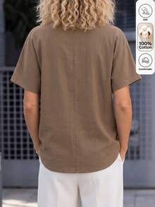 Isle Nomé Women's Spring/Summer Casual Asymmetric Placket Short Sleeve Loose Fit Versatile Shirt For Commute Vacation, Home And Daily Wear Coffee Brown - Brown - View 2