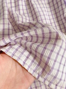 SHEIN 女童蝴蝶結刺繡蕾絲裝飾對比網格格紋背心 A 字裙，夏季時尚優雅穿搭 - 紫色 - 查看 6