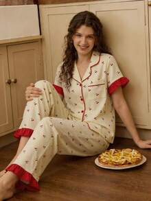 Tulorae Bubble Crinkle Striped Cherry Colorblock Ruffle Trim Open Front Short Sleeve Top And Pants Pajama Set - Yellow - View 1