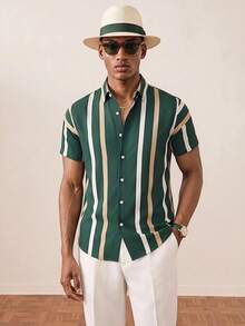 Manfinity Homme Men Striped Print Shirt, Green And Gold Shirt Men, Men Striped Shirt, Vertical Striped Shirt Men - Green - View 4