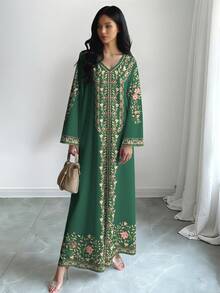 SHEIN Najma 女款花卉植物數位印花時尚V領長袖夏季優雅端莊阿拉伯風大尺碼家庭度假綠色洋裝 - 彩色 - 查看 3