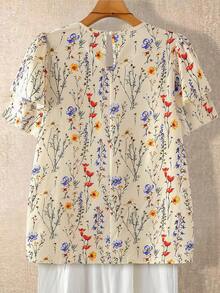 Linhara 大尺碼女款花卉圓領雙層袖短袖休閒襯衫，休閒時尚多功能百褶夏季度假女上衣，田園風短袖襯衫，波西米亞襯衫，女款襯衫，夏季復古上衣 - 杏色 - 查看 2