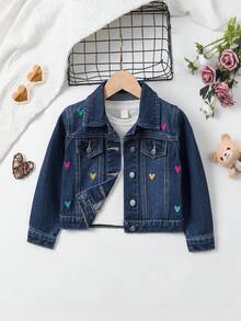 SHEIN 女童牛仔夾克，彩色愛心刺繡可愛休閒長袖單排扣牛仔上衣，經典深藍色水洗牛仔色，百搭日常女童牛仔夾克，適合兒童日常穿著、派對和拍照 - 深色水洗藍 - 查看 4