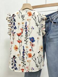 SHEIN Franclia Women's Floral Print Button Ruffle V-Neck Blouse - Apricot - View 2