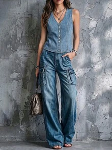 Balvessa Women's V-Neck Single-Breasted Casual Daily Denim Top - Medium Wash - View 3