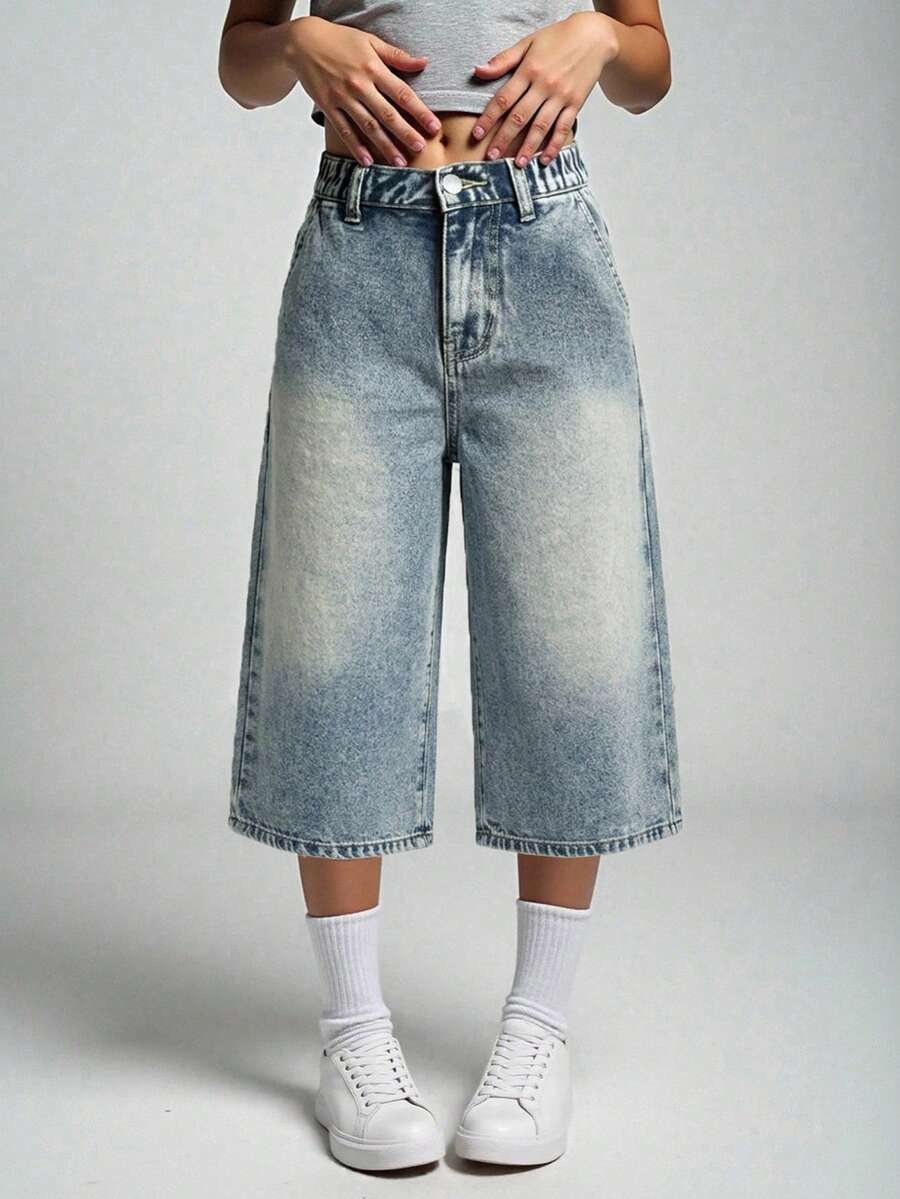 SHEIN Explorewe 女款牛仔短褲，秋季新品，休閒街頭風學院復古做舊藍灰色，彈性腰頭鈕扣門襟設計，寬鬆大腿褲管