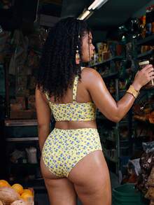 Swim Mod Plus Size Women 2-Piece Random Print Casual Swimsuit Set - Yellow - View 2